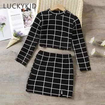 2 шт. детский простой клетчатый костюм с юбкой трапециевидной формы для девочек 5-6Y чёрный