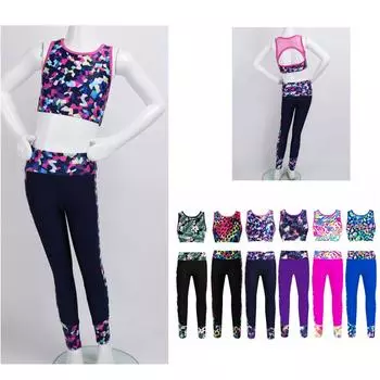 2 шт., длинные леггинсы с эластичным поясом, брюки + сетчатые майки без рукавов, топы с цифровым принтом, спортивная танцевальная одежда, наряд 5-6 Years розы красного