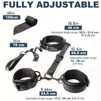 2 шт. для взрослых БДСМ, новые полностью черные высококачественные кожаные секс-игрушки для бондажа с обратной стороны, эротические наручники, воротник с металлической тяговой цепью с шелковой повязкой на глазу, Cuffs+Blindfold(Black