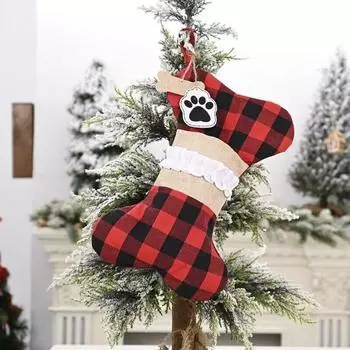 2 шт Домашние животные Собака Рождественские чулки Буйвол Плед Большая форма кости Домашние животные Чулки для собак