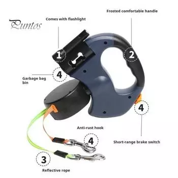 2 шт. двойной выдвижной поводок для собак для маленьких собак, 360-градусный пояс для выгула собак, не спутывающийся, со светодиодной подсветкой и мешками для фекалий для бега, походов, тренировок чёрный