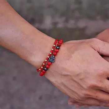 2 шт. двухслойный черный браслет с бусинами якорь для мужчин, плетеный на руку, красная веревка на удачу, женский персонализированный браслет для студентов и пар 19.5cm/7.7inch чёрный