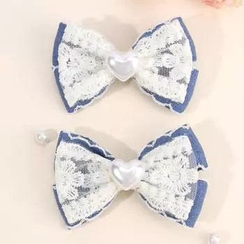 2 шт. Джинсовые заколки для волос с жемчужным бантом, Нежные кружевные заколки для волос с цветочным узором, Цветочная вышивка, Заколка-автомат для девочек, Детские головные уборы, Аксессуары
