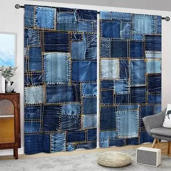 2 шт. джинсовых штор с принтом для домашнего декора - кармашки для окон в спальню, офис, кухню, гостиную и кабинет 52.5cmX116cmX2pcs
