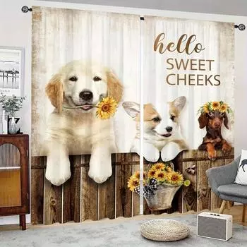 2 шт. ферма милая собака кошка маленький петух курица принт занавеска цифровая печать полиэстер занавеска для гостиной кухни спальни столовой 2x50W100H(CM)&Grommet Top