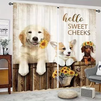 2 шт. ферма милая собака кошка маленький петух курица принт занавеска цифровая печать полиэстер занавеска для гостиной кухни спальни столовой 2x50W100H(CM)&Grommet Top