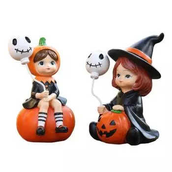 2 шт. Фигурки тыквы-ведьмы, ведьма, держащая воздушный шар-череп, украшение, мультяшные статуэтки ведьм для Хэллоуина, реквизит для миниатюрной сцены 2pcs