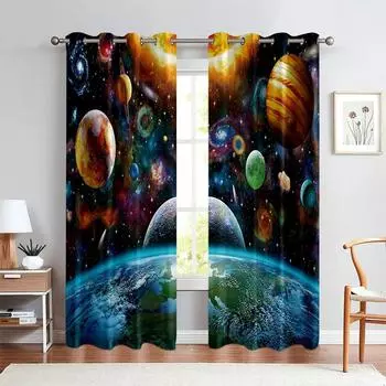 2 шт. Фиолетовые космические галактики, планеты, печать, звезды, занавески на окна для гостиной, детской спальни, кухни, кабинета, домашнего декора, новые (W50H130cm)-2pcs&Rod Pocket
