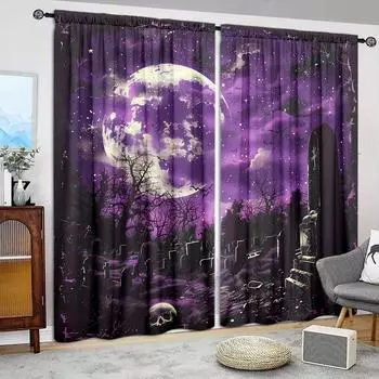 2 шт. Фиолетовые занавески с рисунком Хэллоуина для домашнего декора - Карманные шторы для окон в спальню, офис, кухню, гостиную 52.5cmX116cm X 2pcs