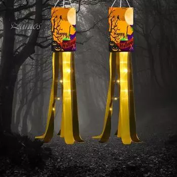 2 шт. флаги-ветроуказатели на Хэллоуин с подсветкой, устойчивые к погодным условиям, тыквенные, ведьмовские, ветроуказатели, подвесные флаги для домашнего двора, внутреннего и наружного декора, праздничные принадлежности 2pcs