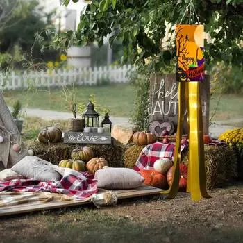 2 шт. флаги-ветроуказатели на Хэллоуин с подсветкой, устойчивые к погодным условиям, тыквенные, ведьмовские, ветроуказатели, подвесные флаги для домашнего двора, внутреннего и наружного декора, праздничные принадлежности 2pcs