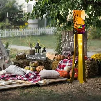 2 шт. флаги-ветроуказатели на Хэллоуин с подсветкой, устойчивые к погодным условиям, тыквенные, ведьмовские, ветроуказатели, подвесные флаги для домашнего двора, внутреннего и наружного декора, праздничные принадлежности 2pcs