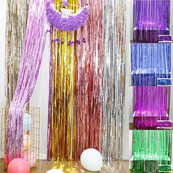 2 шт. фольгированных занавесок серебристого розового золотого цвета для мальчика и девочки на день рождения, свадьбу, новый год, украшение для свадебной вечеринки с кисточками, фоновые украшения 2mX1m