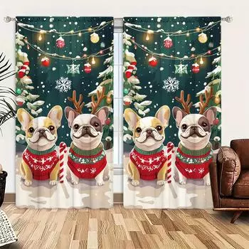 2 шт. Французский бульдог Рождественский принт занавески для рождественского домашнего декора-карманный оконный декор для спальни, офиса, кухни 52.5cmX116cm X 2pcs