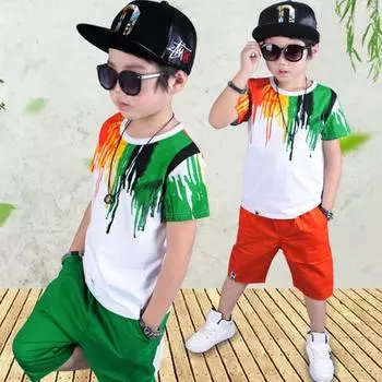 2 шт., футболка в стиле хип-хоп для мальчиков с короткими рукавами, топ, брюки с эластичной резинкой на талии, наряд 140cm зелёный