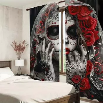 2 шт. гостиная в готическом стиле, украшенная шторами, черные шторы с принтом черепа, всесезонные шторы для гостиной, спальни, кухни (W50cmxH130cm)x2&Rod Pocket