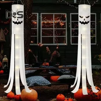 2 шт. Хэллоуин Призрачный Ветроуказатель Жуткий Уличный Подвесной Флаг с Лампочками Работающие от Батарейки Гирлянды Призрачный Ветроуказатель для Передней Двери Двора Патио 2pcs