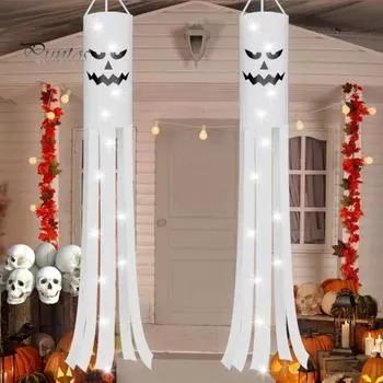 2 шт. Хэллоуин Призрачный Ветроуказатель Жуткий Уличный Подвесной Флаг с Лампочками Работающие от Батарейки Гирлянды Призрачный Ветроуказатель для Передней Двери Двора Патио 2pcs