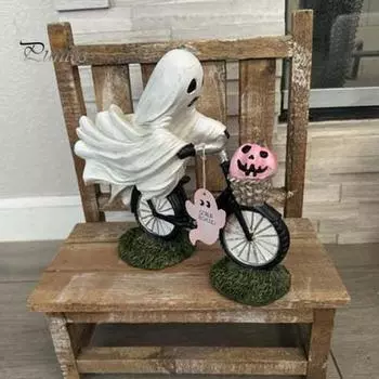 2 шт. Хэллоуин Призрак Фигурка Жуткий Велосипедный Велосипед Призрак Розовая Тыква Статуя Смолы Скульптура Внутреннее Уличное Настольное Украшение Орнамент белый