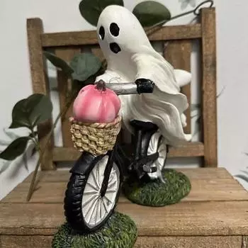 2 шт. Хэллоуин Призрак Фигурка Жуткий Велосипедный Велосипед Призрак Розовая Тыква Статуя Смолы Скульптура Внутреннее Уличное Настольное Украшение Орнамент белый