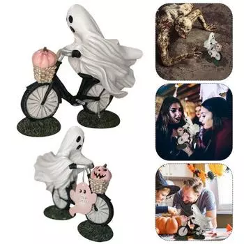 2 шт. Хэллоуин Призрак Фигурка Жуткий Велосипедный Велосипед Призрак Розовая Тыква Статуя Смолы Скульптура Для Дома И Улицы