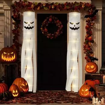 2 шт. Хэллоуин Призрак Ветроуказатель Жуткий уличный подвесной флаг с подсветкой на батарейках