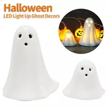 2 шт. Хэллоуин светодиодный светильник привидение декор керамическая освещенная скульптура привидения ручная работа освещенный привидение декор настольное украшение