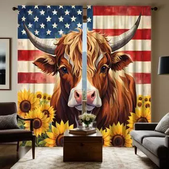 2 шт. HD Американский флаг Подсолнух Хайленд Корова занавеска Желтая галстук цифровая печать занавеска Стиль домашнего декора Украсьте гостиную W52H63inchW132H160cm
