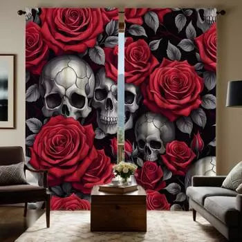 2 шт. HD Череп Роза занавеска Красный галстук цифровой печатный занавес украшение дома стиль Украсьте гостиную спальню Носите штангу занавески W52H63inchW132H160cm