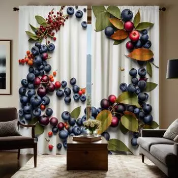 2 шт. HD чернично-красных фруктовых веток и листьев, декоративная занавеска, белая занавеска с цифровой печатью, стиль домашнего декора Decora W52H63inchW132H160cm