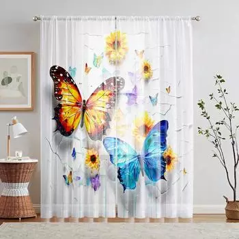 2 шт. HD цифровая красочная бабочка жизнь цветок напечатанный экран окна домашний декор стиль украшения гостиная спальня стержень через W52H63inchW132H160cm синий