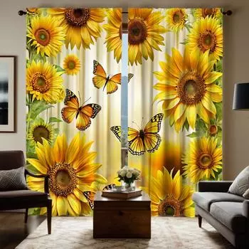 2 шт. HD цифровая занавеска с принтом желтый галстук цветы подсолнуха бабочка украшение дома стиль Украсьте гостиную спальню Wea W52H63inchW132H160cm