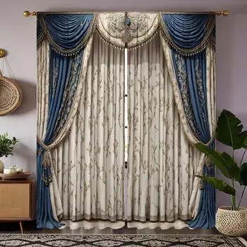 2 шт. HD цифровой синий новый ретро дворец занавески украшение дома стиль украшения гостиная спальня штанга занавес эффект styl W52H63inchW132H160cm