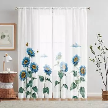 2 шт. HD цифровой синий подсолнечник напечатанный экран окна домашний декоративный стиль гостиная спальня эффект шторы на штанге W52H63inchW132H160cm