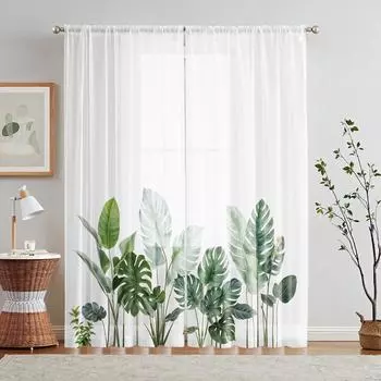 2 шт. HD цифровой зеленый банановый печатный экран для окна, домашний декор, стиль украшения, гостиная, спальня, штанга, эффект занавески, ст. W52H63inchW132H160cm