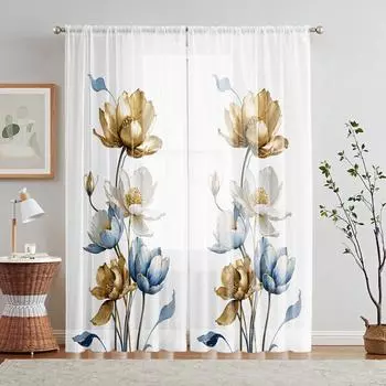 2 шт. HD цифровой золотой и синий лотос цветущий рисунок напечатанный экран окна украшение дома стиль украшение гостиной спальни R W52H63inchW132H160cm
