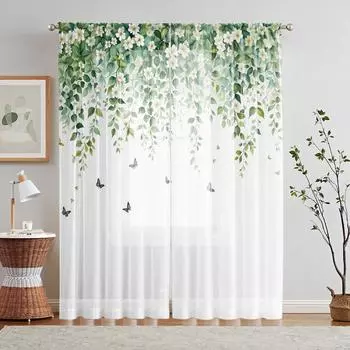 2 шт. HD цифровые белые лозы цветы игра бабочка напечатанный экран окна домашний декор стиль украшения гостиная спальня стержень W52H63inchW132H160cm
