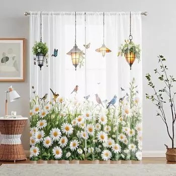 2 шт. HD цифровые белые ромашки цветы напечатаны на экране окна украшение дома стиль украшения гостиной спальни штанга занавес E W52H63inchW132H160cm зелёный