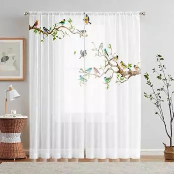 2 шт. HD цифровые белые ветки с принтом птиц на окнах, украшение дома, стиль, украшение гостиной, спальни, стержни Curt W52H63inchW132H160cm