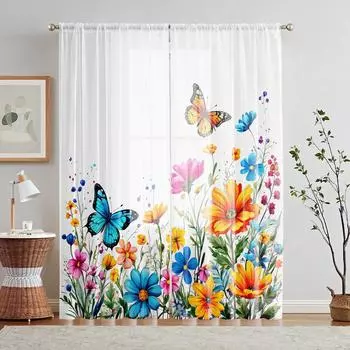 2 шт. HD цифровые красочные бабочки танцуют в кустах напечатанные на экране окна домашний декор стиль украшения гостиной спальни W52H63inchW132H160cm