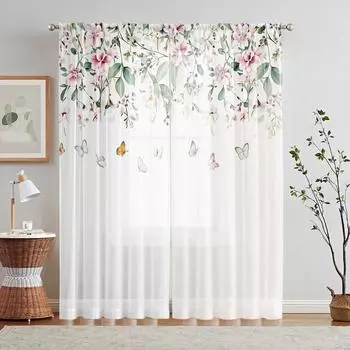 2 шт. HD цифровые простые бабочки цветочные принтованные шторы для украшения дома стиль декоративные шторы для гостиной спальни W52H63inchW132H160cm белый