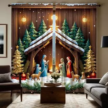 2 шт. HD цифровых желтых штор, завязанных под рождественской елкой, стиль украшения дома, украшение гостиной, спальни, одежда r W52H63inchW132H160cm