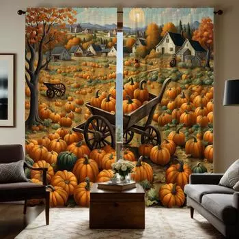 2 шт. HD Country Cottage Field Pumpkin garden car Декоративная занавеска Желтая завязка цифровая печать занавеска Стиль украшения дома W52H63inchW132H160cm