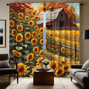 2 шт. HD Country Cottage Pastoral Sunflower шторы Желтые галстуки цифровые печатные шторы Стиль украшения дома Украсьте гостиную W52H63inchW132H160cm