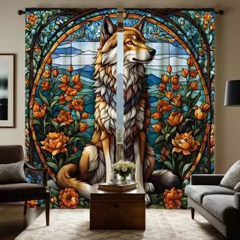 2 шт. HD цветные цветы Одинокий волк декоративная занавеска Желтая завязка цифровая печать занавеска украшение дома стиль украшение гостиная W52H63inchW132H160cm