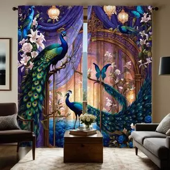 2 шт. HD цветок павлин фиолетовый газ восток для украшения штор фиолетовый галстук цифровая печать шторы украшение дома стиль Декабрь W52H63inchW132H160cm