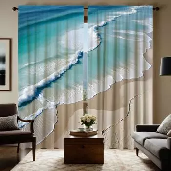 2 шт. HD декоративная занавеска с изображением морского пляжа, синяя занавеска с цифровой печатью, украшение для дома, стиль, украшение для гостиной, спальни, ро W52H63inchW132H160cm