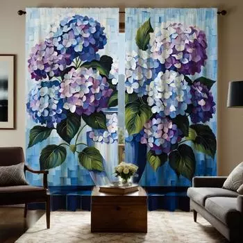 2 шт. HD декоративная занавеска синяя фиолетовая гортензия синяя галстук цифровая печатная занавеска для домашнего декора в стиле украшения гостиной спальни W52H63inchW132H160cm
