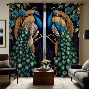2 шт. HD Digital Blue Series Auscious Peacock Curtains Home Decorating Style Decorating Living Room Bedroom Rodding Curtain W52H63inch132H160cm