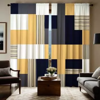 2 шт. HD Digital Yellow Color Blocking Геометрические шторы для украшения дома Стиль Украшения гостиной спальни Шторы на стержнях W52H63inchW132H160cm
